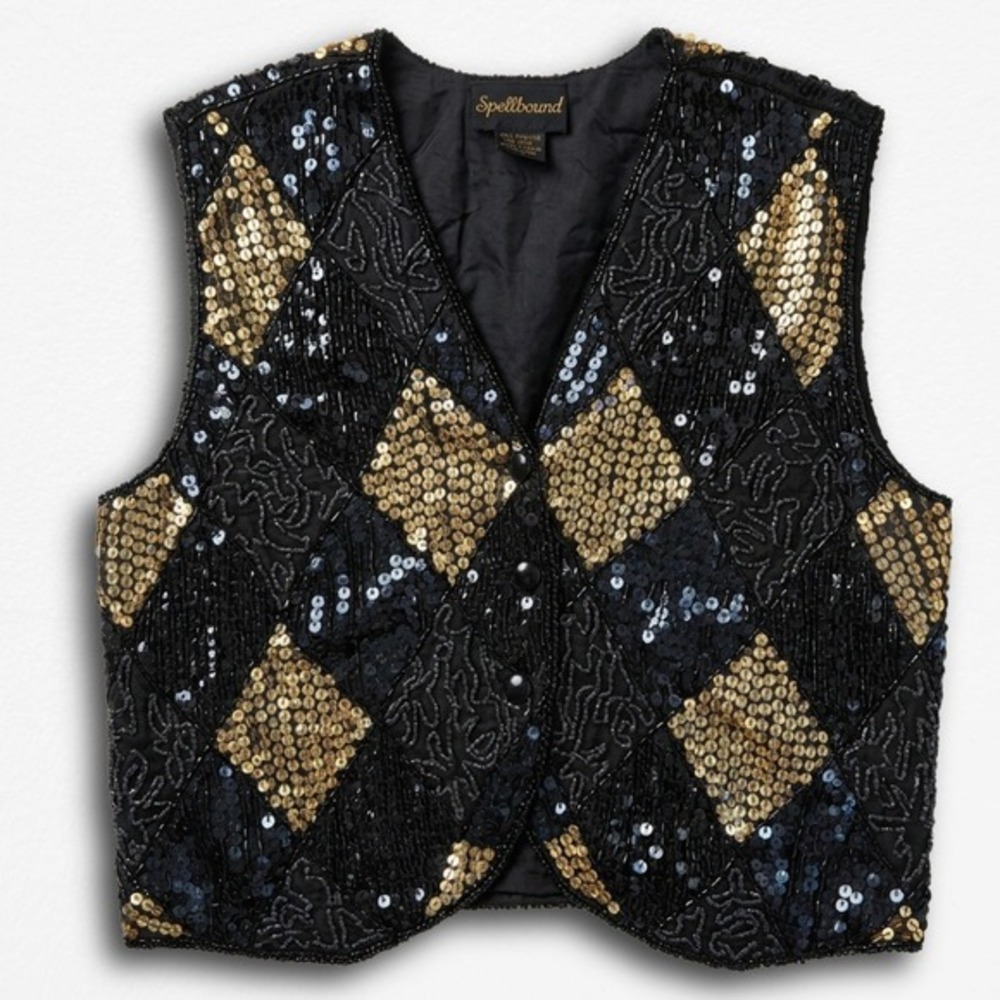 Spellbound Vintage Silk Beaded Sequin Vest Black Gold Harlequin Diamond‎ Womens